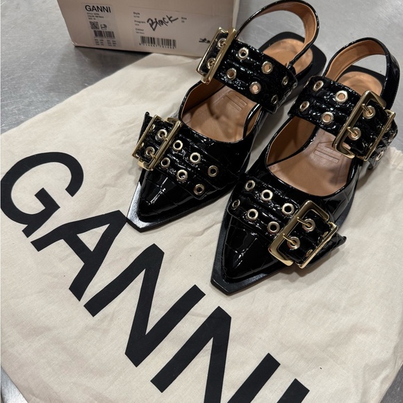 💫Ganni Black Patent Python Gold Buckle Ballerinas - Picture 7 of 13